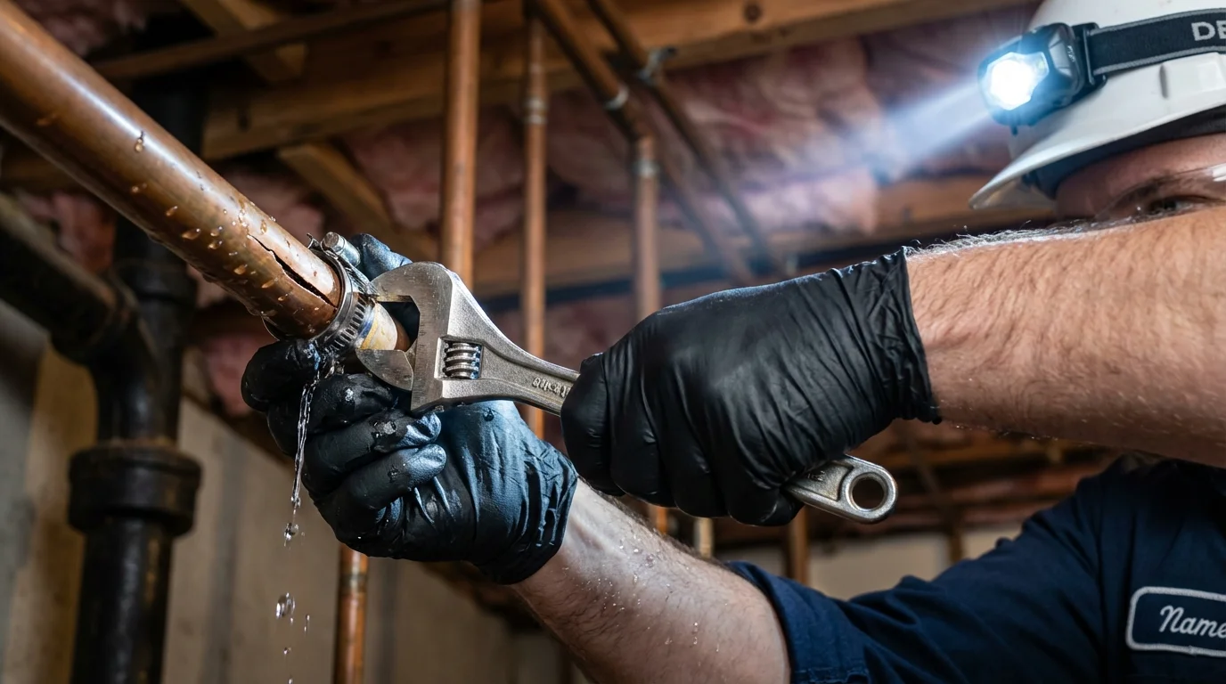 Emergency pipe clamp repair being performed by a Johns Plumbing LLC plumber in Elwood