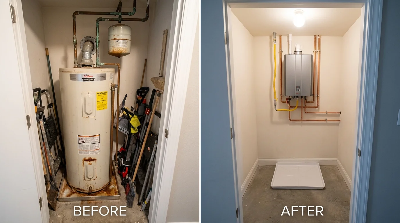 Tank water heater versus wall-mounted tankless unit comparison for Elwood, KS homeowners