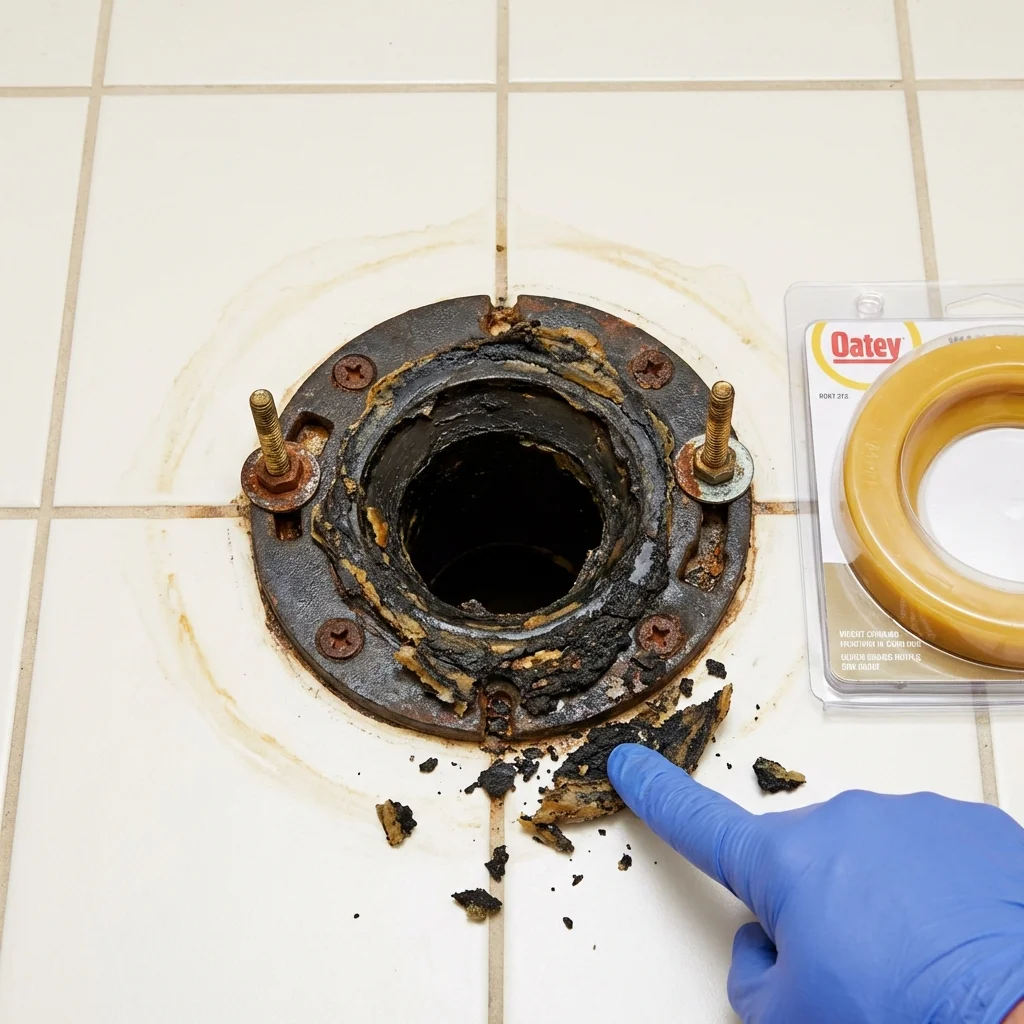 Failed wax ring showing water seepage at the base of a toilet in a Elwood, KS home