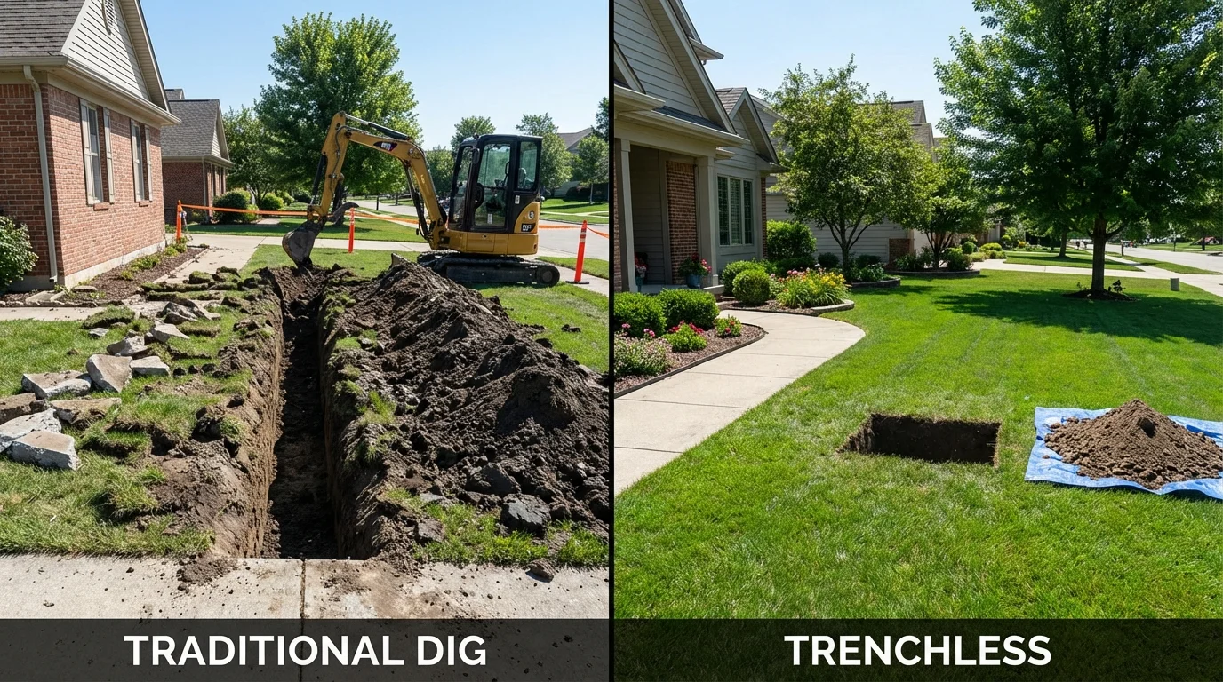 Trenchless sewer repair with minimal yard damage versus traditional excavation in Elwood, KS