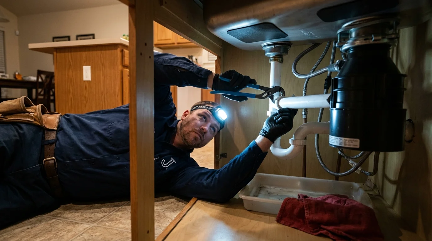P-trap and supply line connections under a kitchen sink showing a common leak point in Elwood, KS